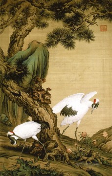 Lang brillando dos grullas bajo un pino tinta china antigua Giuseppe Castiglione Pinturas al óleo
